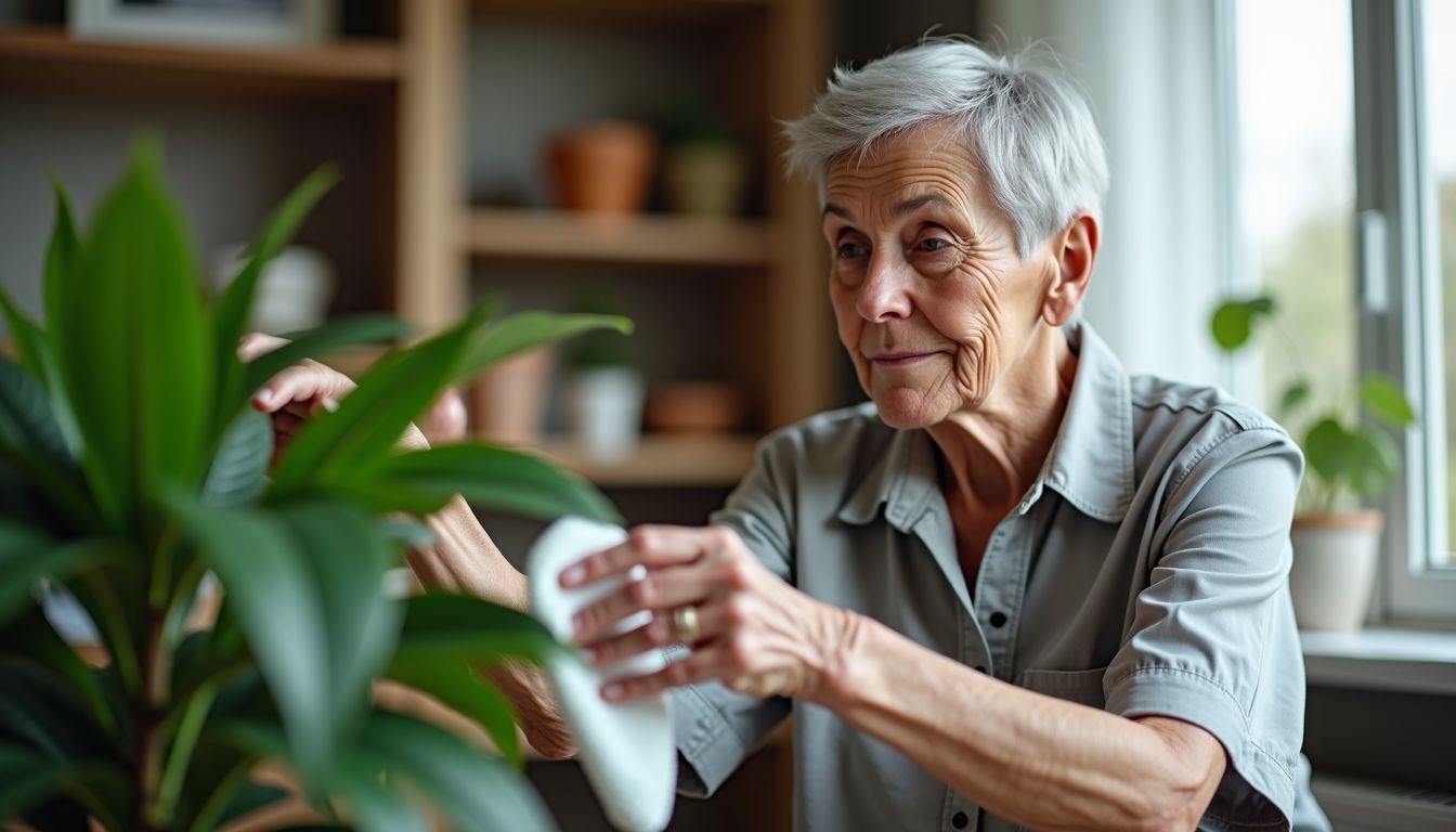 An elderly woman dusts a faux plant in her cozy living room.