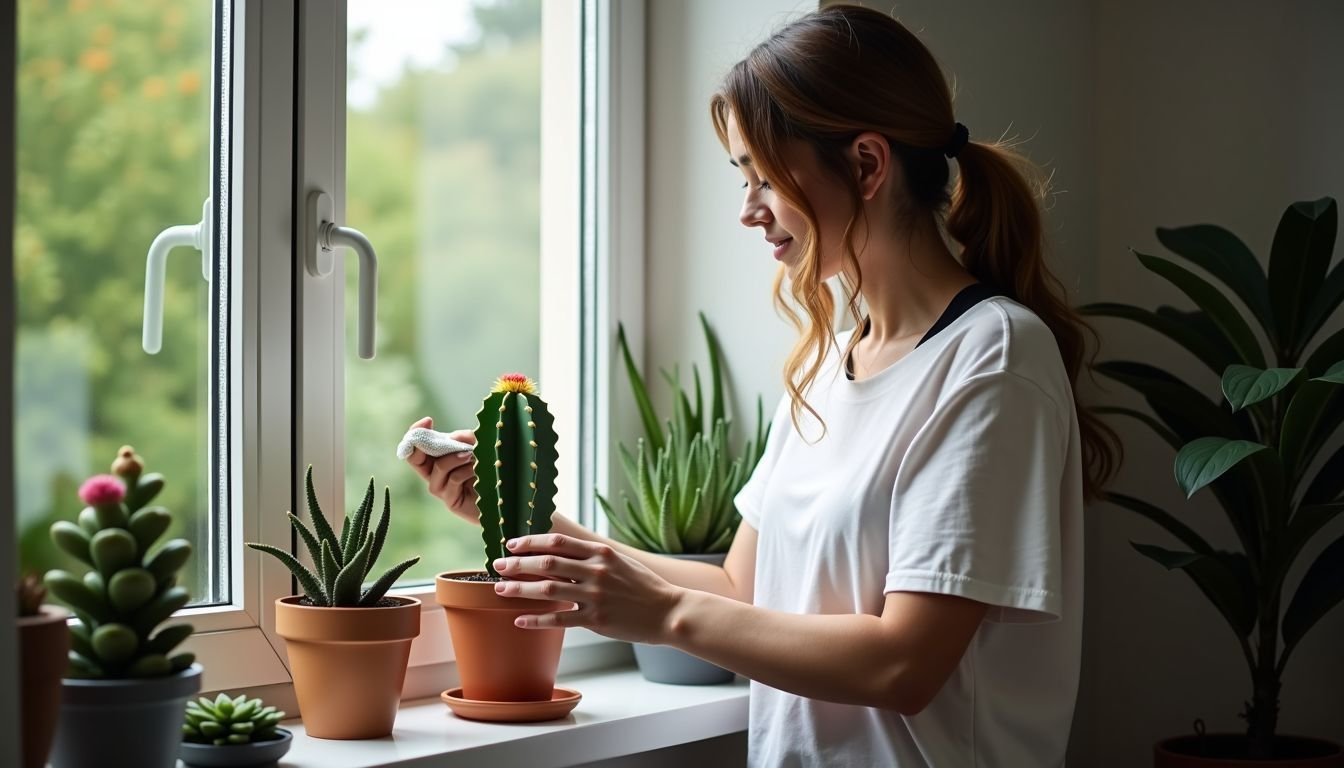 A person dusting an artificial cactus in a cozy home environment.