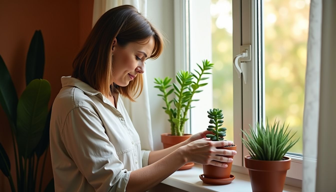 A woman cleaning artificial succulents on a sunlit windowsill.