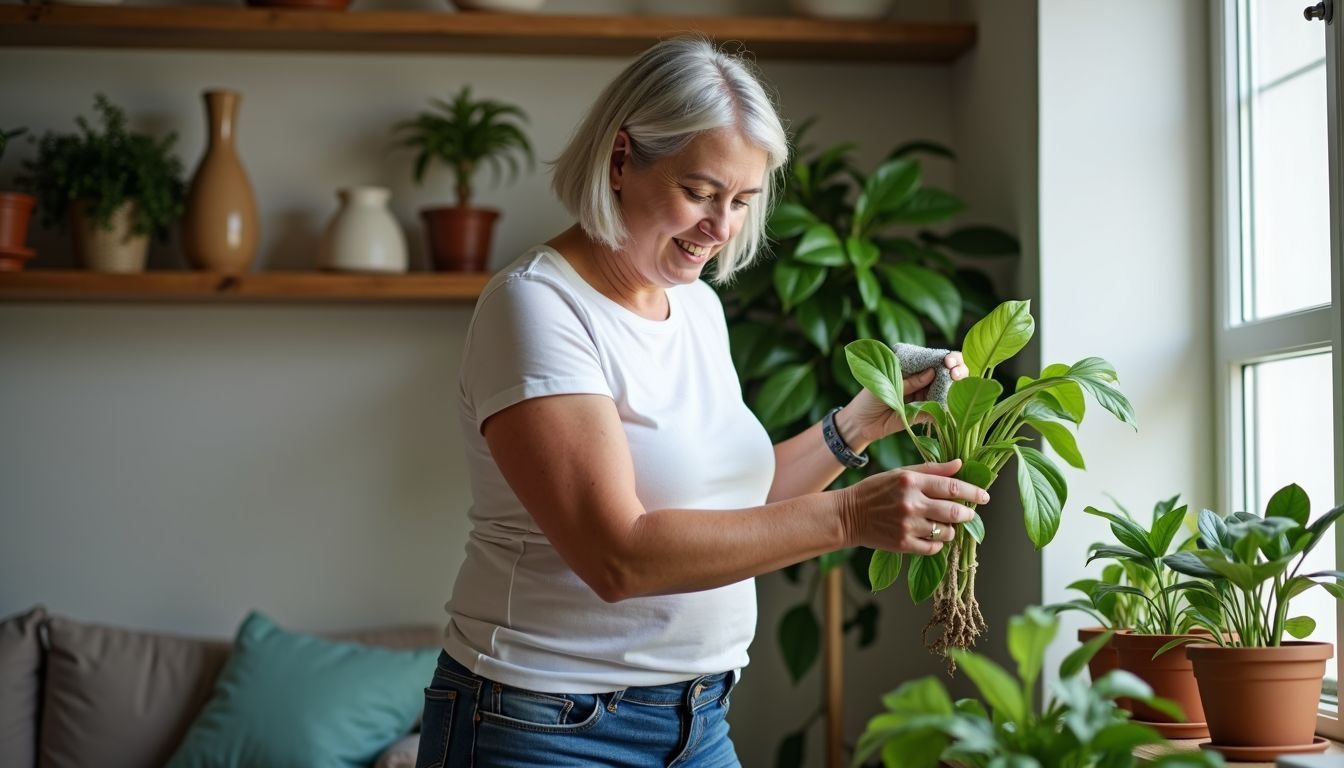 A woman is cleaning faux plants in a cozy living room.