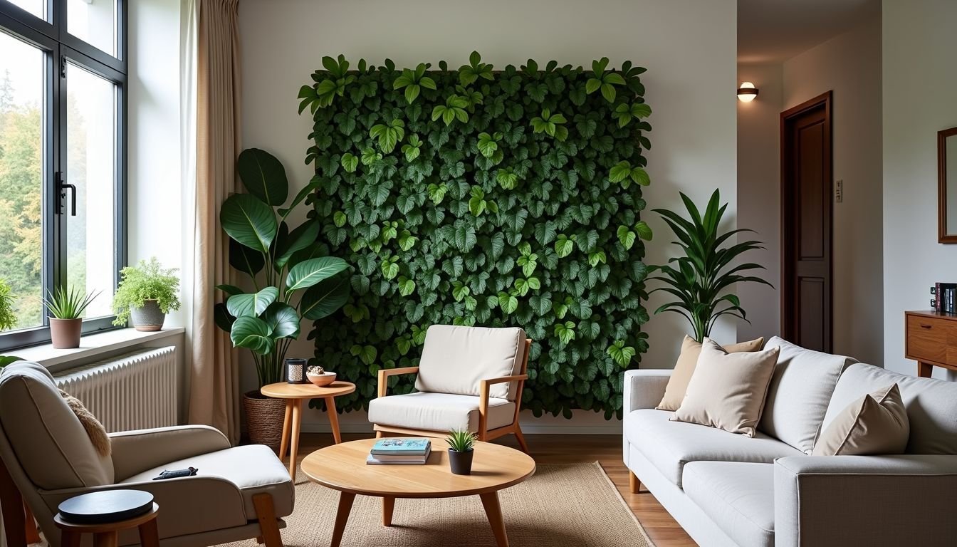 A fake plant screen in a modern living room adds privacy and style.