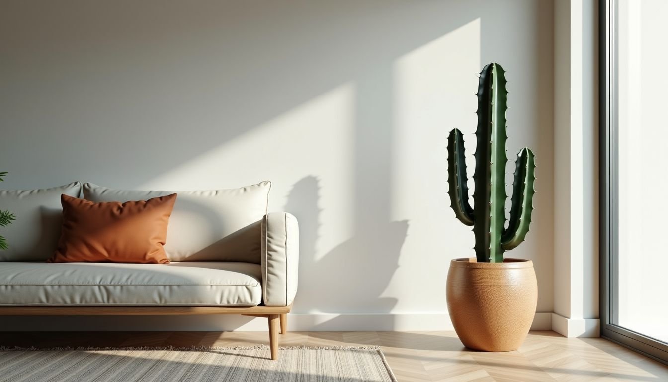 A modern living room with a large, sleek artificial cactus as the focal point.