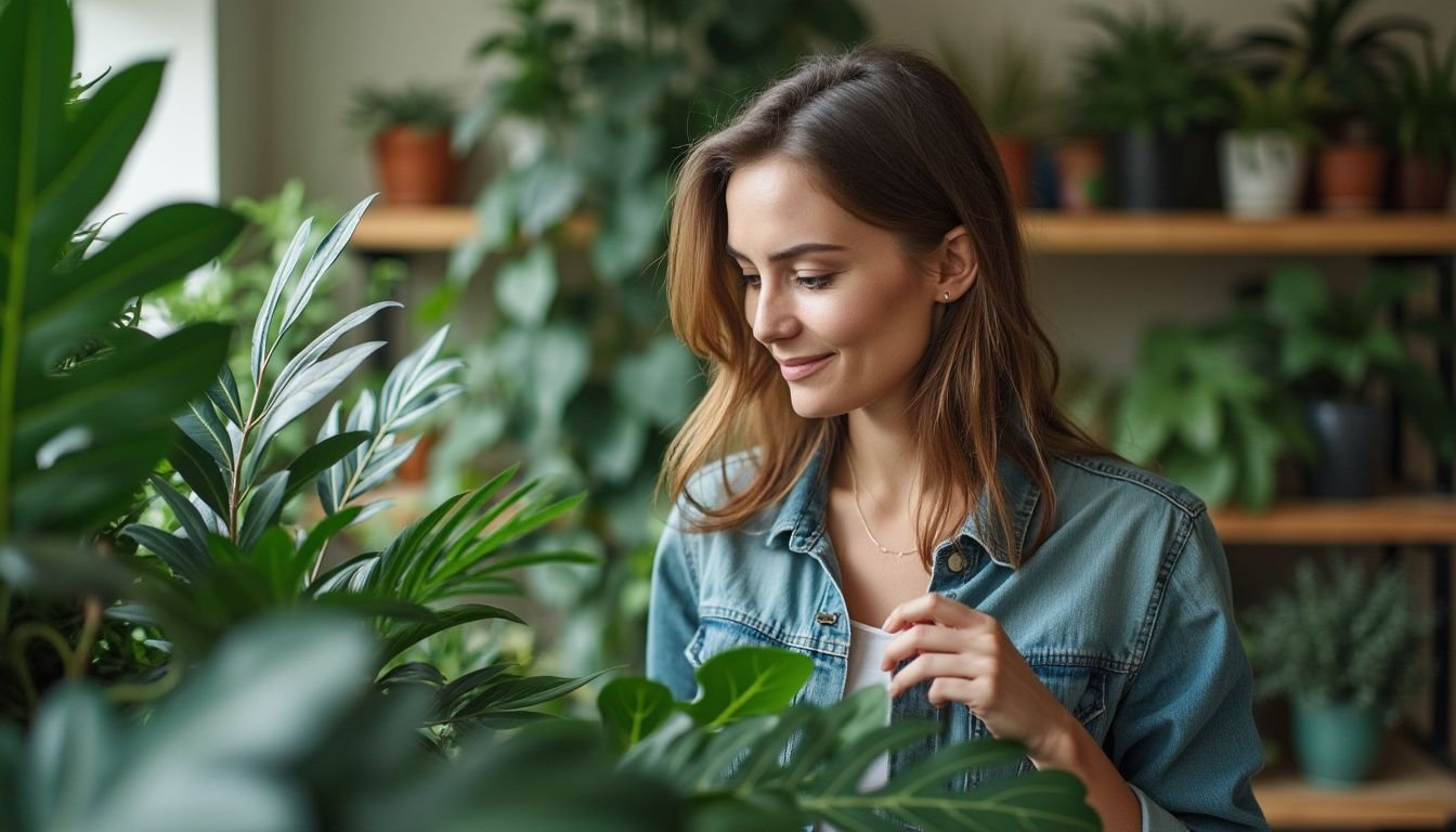 A woman in her 30s compares faux vine leaf designs in a showroom.