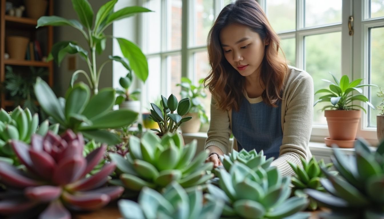 A person arranging artificial succulents in a bright room.