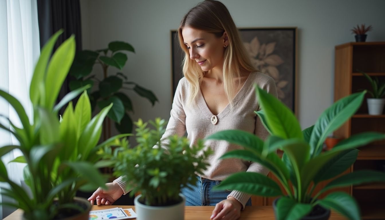 A woman is choosing artificial plants for her living room.