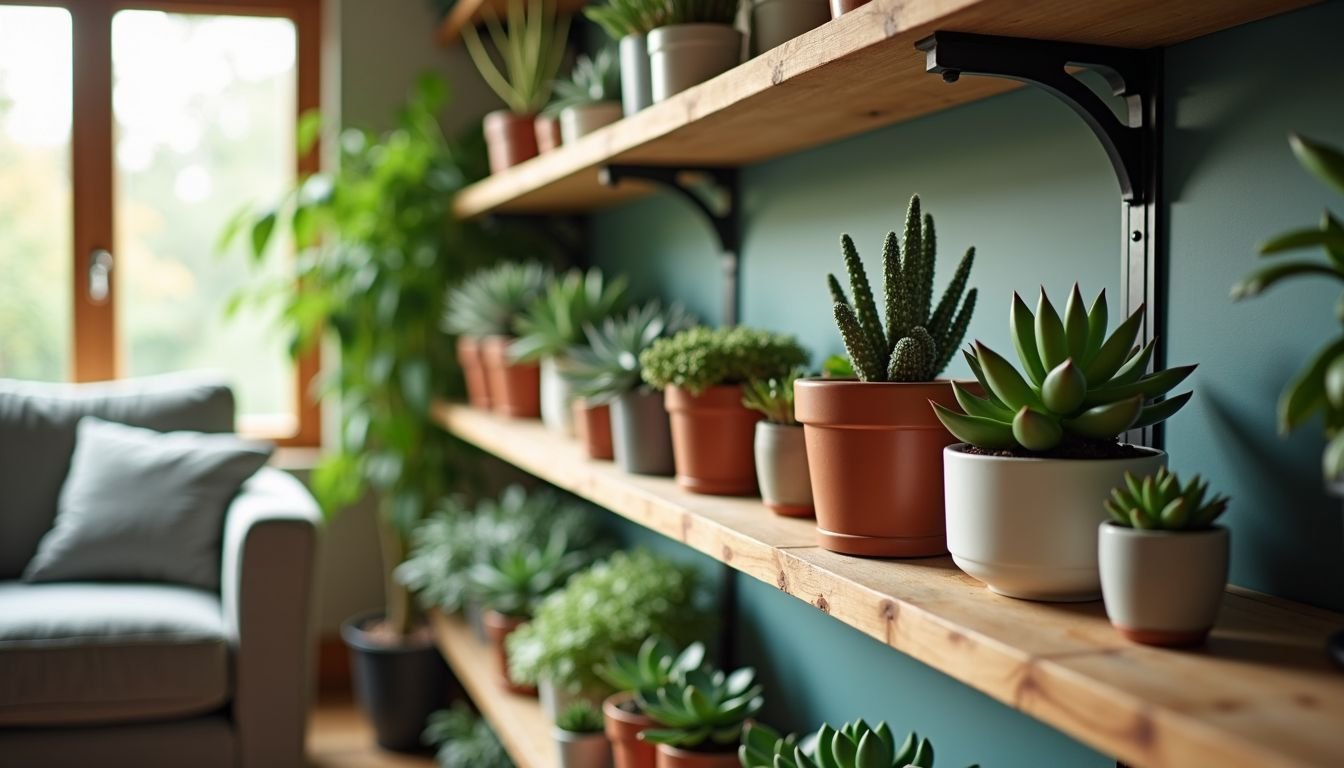 A living room filled with artificial succulents creates a cozy atmosphere.