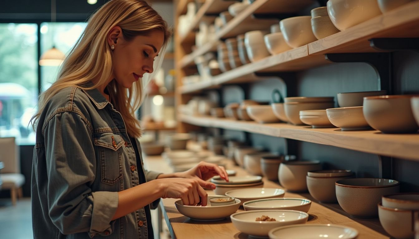 A woman browsing ceramic bowls in a homeware store.