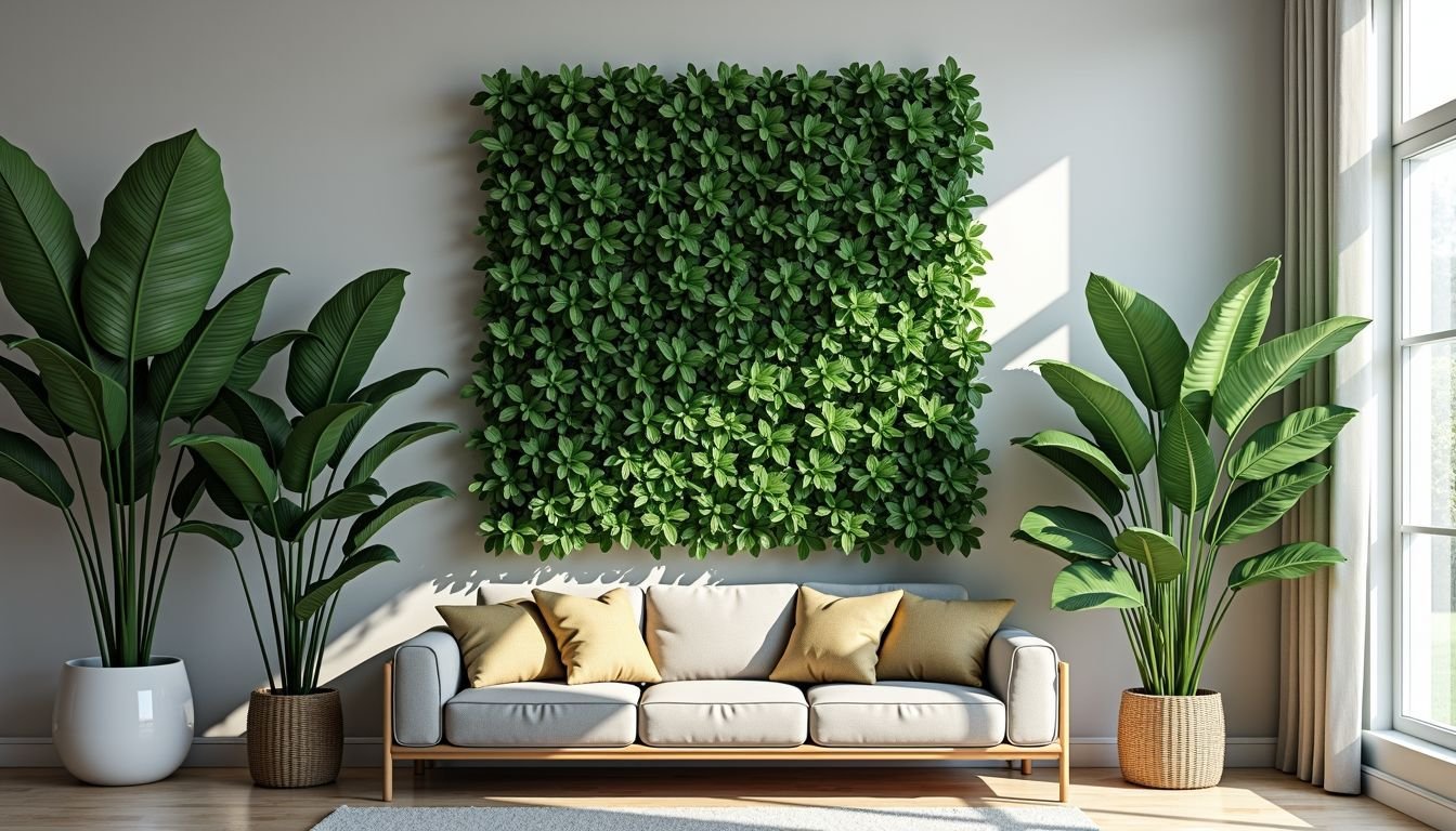 The image shows a selection of artificial plant screens for interior decor.