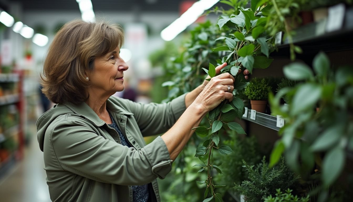 A woman shopping for artificial vines in a home decor store.