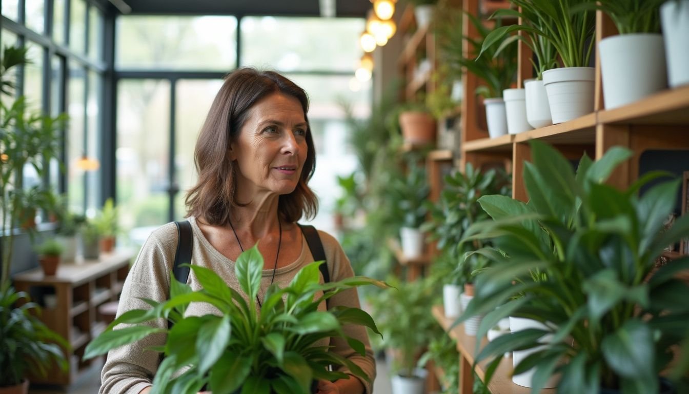 A woman shopping for faux plants in a bright, airy home decor store.