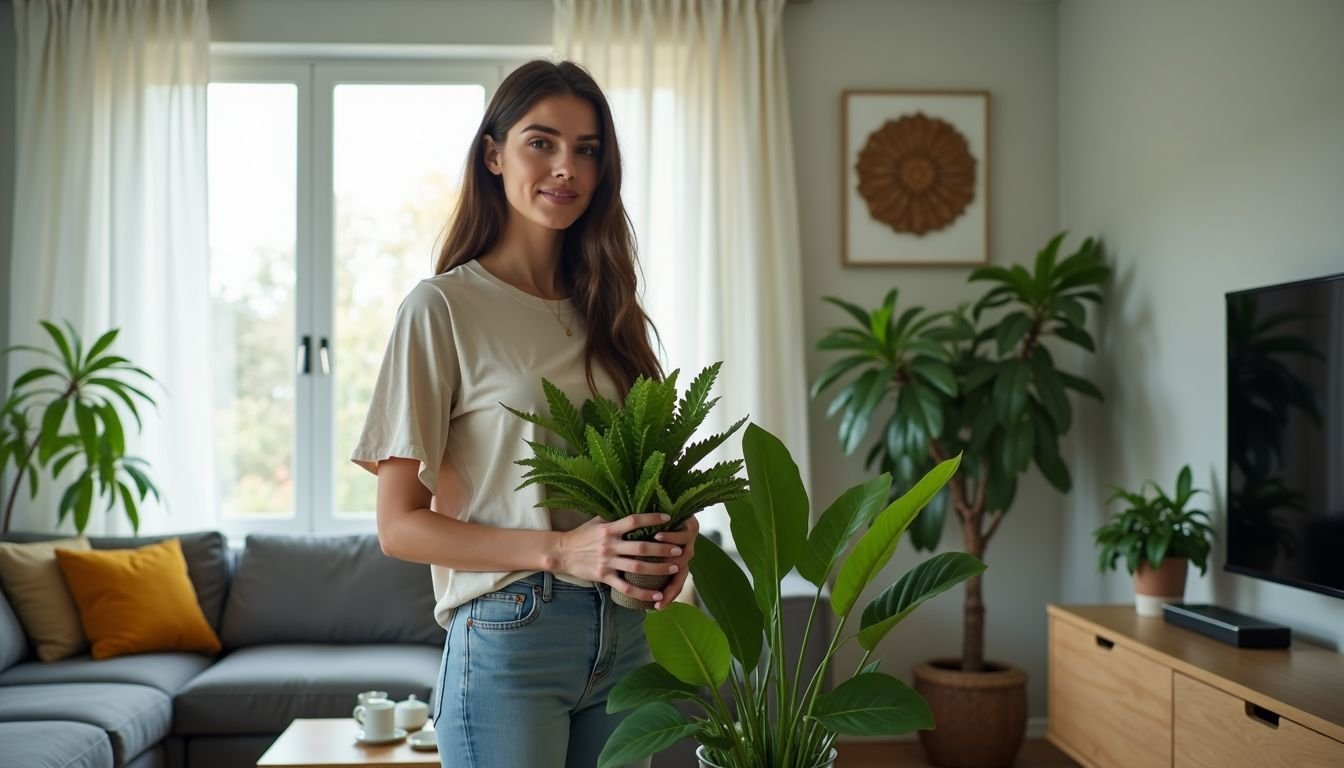 A person is choosing faux plants to decorate a contemporary living room.