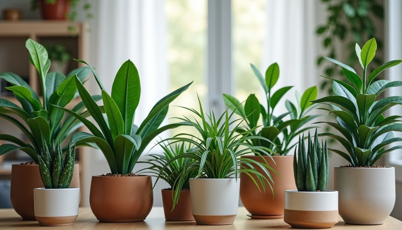 A collection of faux plants arranged in a modern living room.