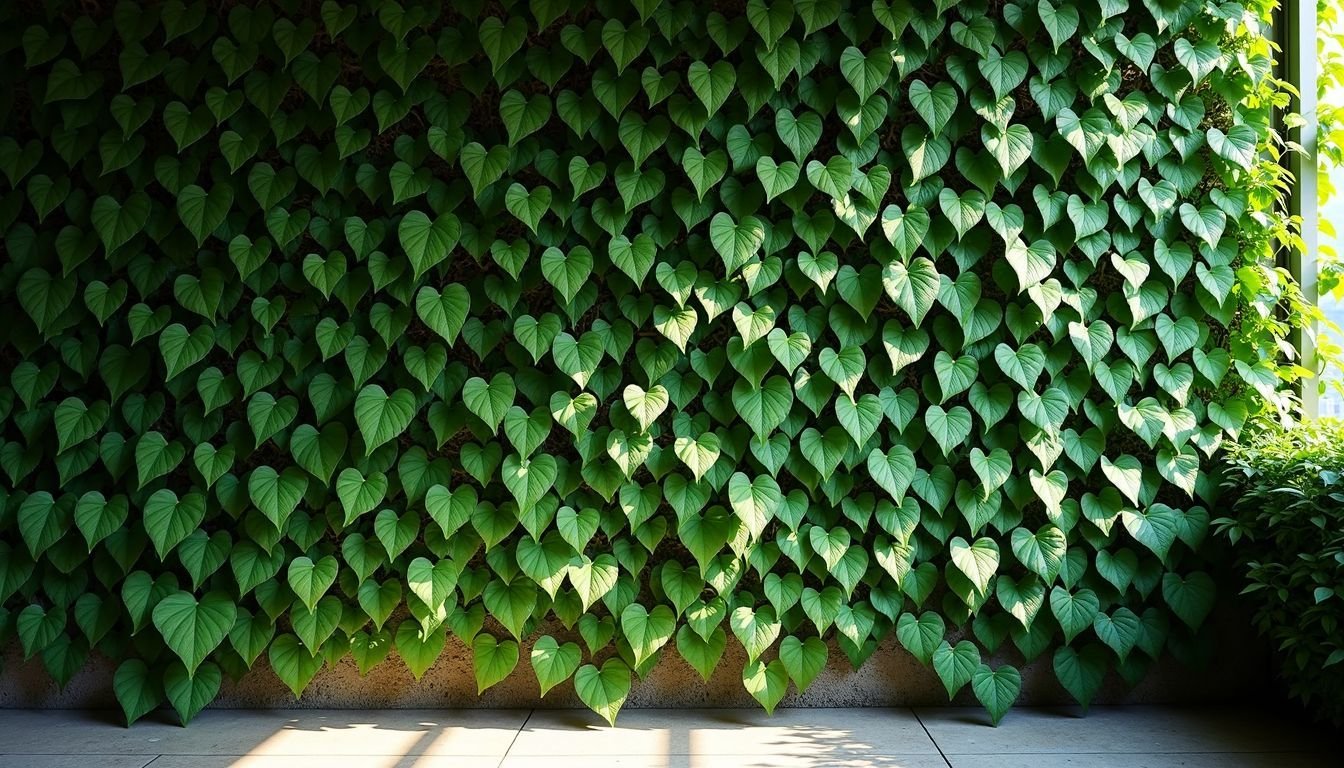 A photo of a large wall covered in vibrant green climbing Ficus plants.