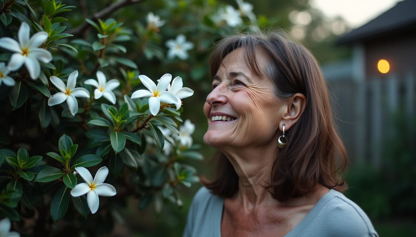 A woman in her 40s enjoying the scent of Jasmine flowers in her backyard garden.