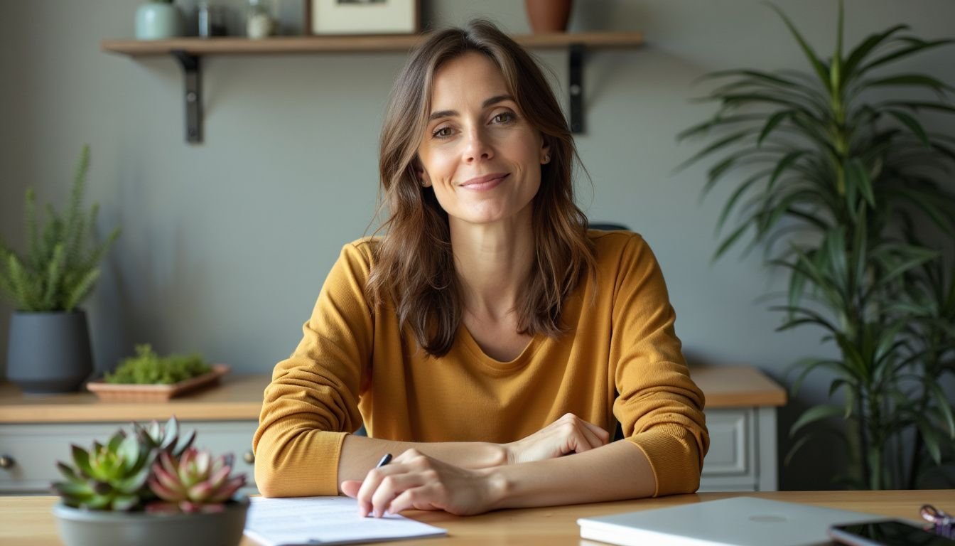 A woman in her 30s sitting at a clean desk with faux succulents.