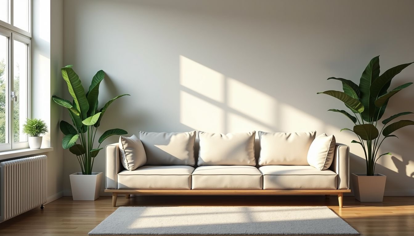 A modern living room with artificial plants, casual and inviting ambiance.