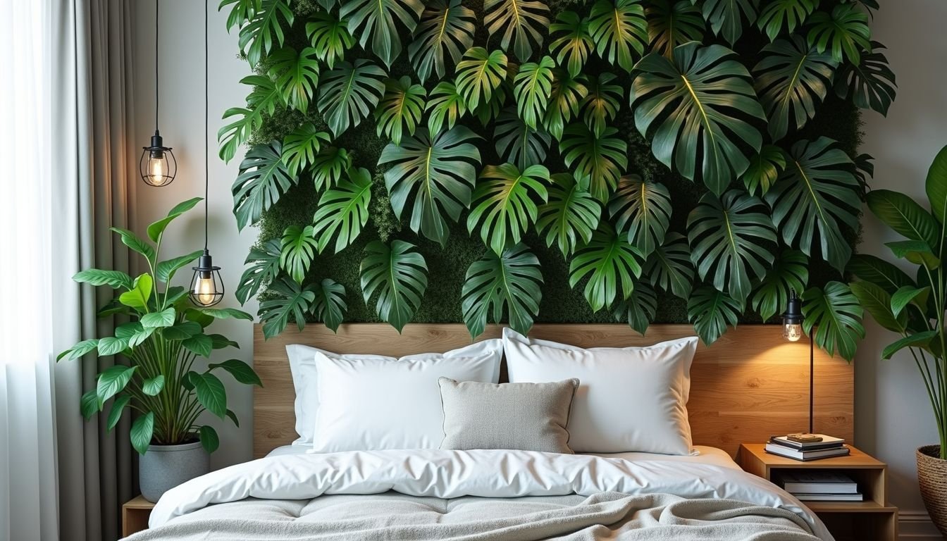 A modern bedroom with a wall of artificial plants creating a calming atmosphere.