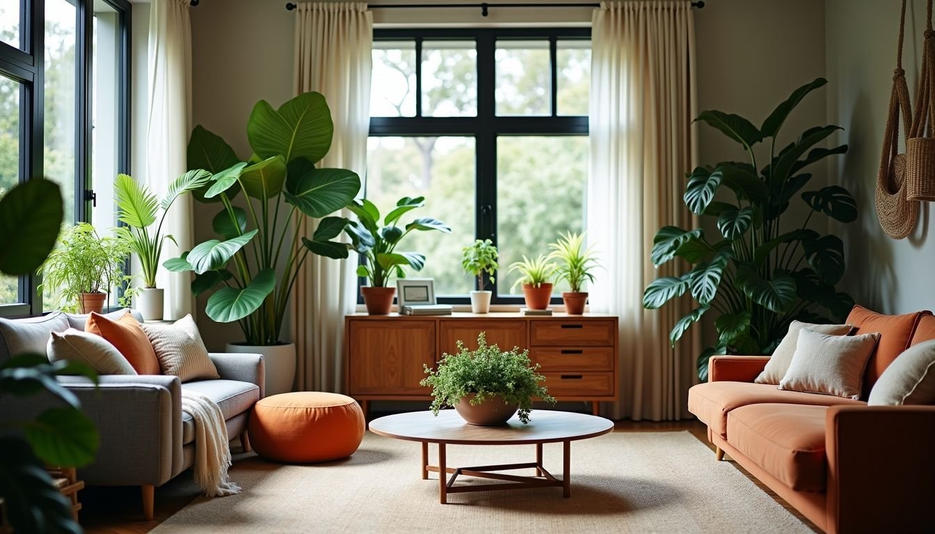 A stylish Australian living room adorned with artificial hanging plants.