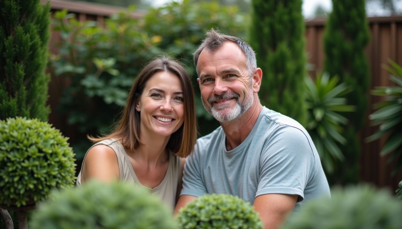 A middle-aged couple enjoying their backyard in Australia.