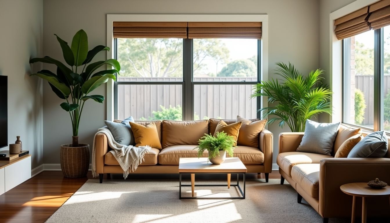 A modern Australian living room with stylish faux plant décor.