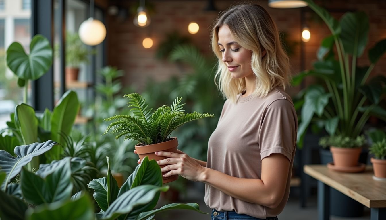 A woman browsing faux plants at a local home decor store.