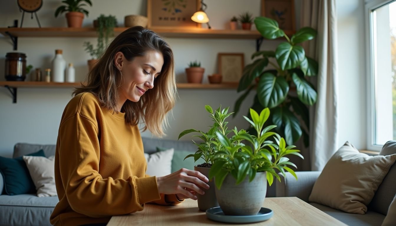 A woman arranging faux plants in a modern living room.