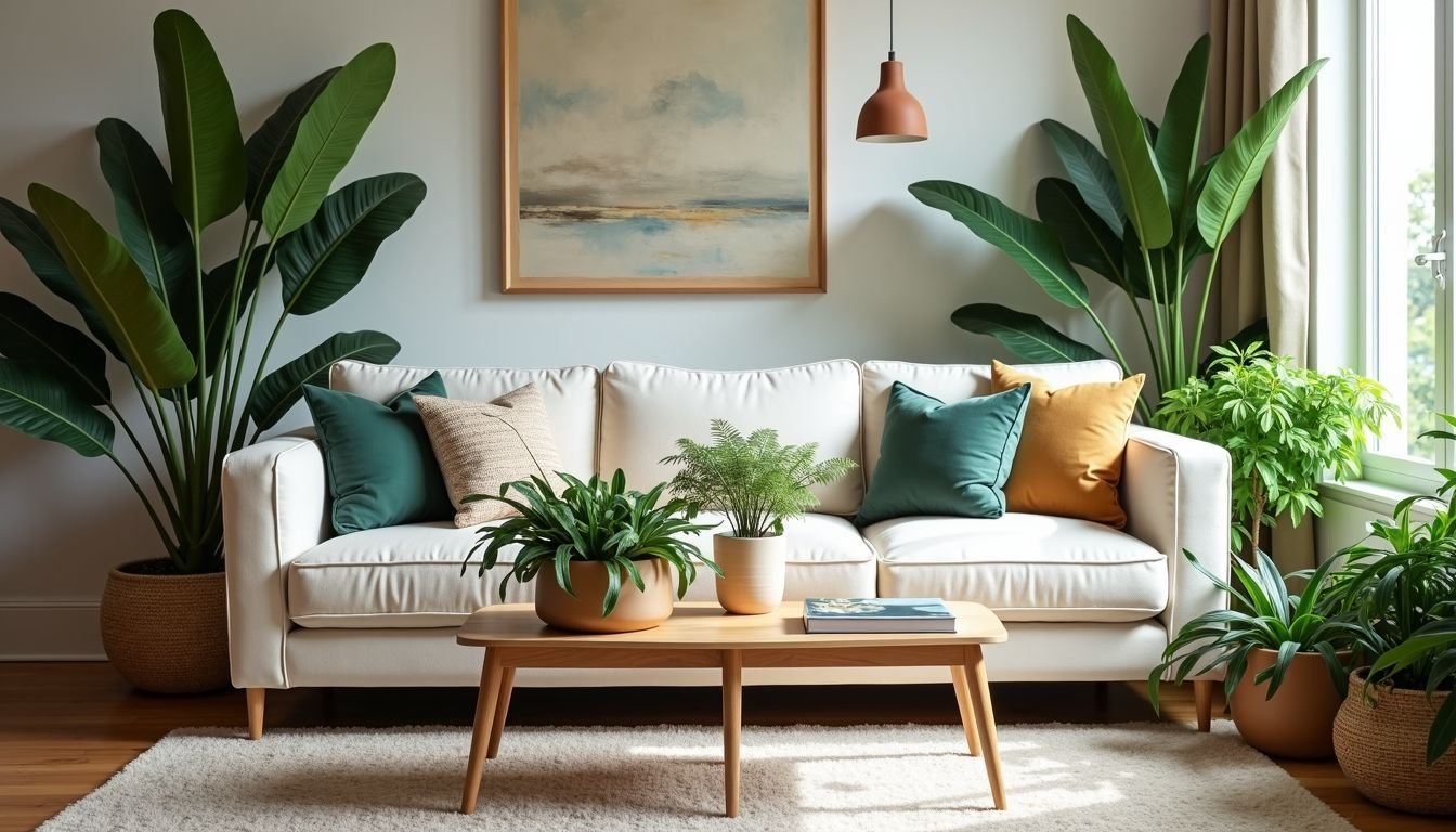 A cozy living room filled with Pillow Talk faux plants, creating a lush atmosphere.