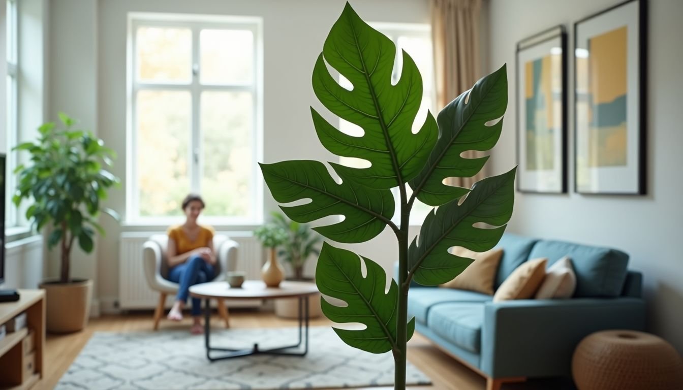 A realistic faux fiddle leaf fig plant in a contemporary living room.