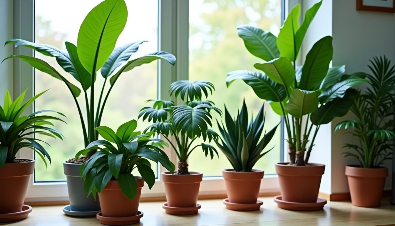 An indoor oasis with faux plants in pots, creating a lush space.