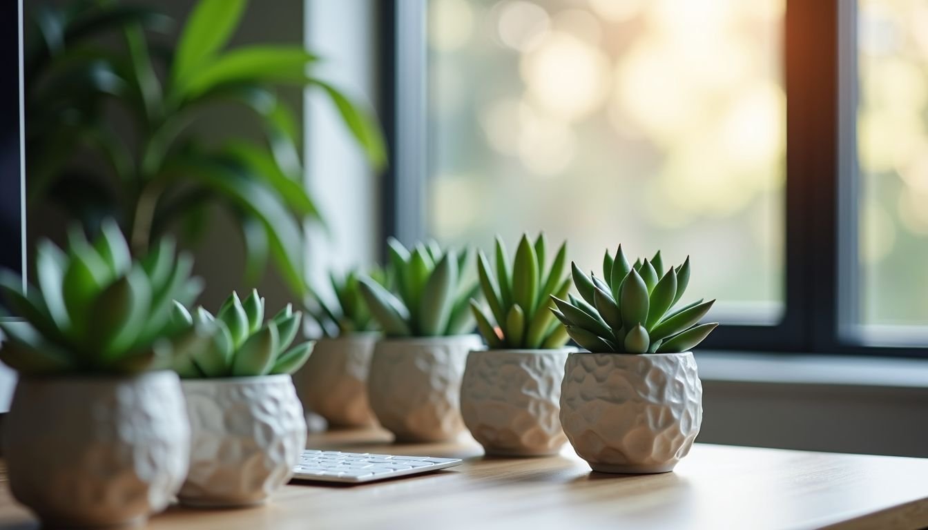 A modern office desk with artificial succulents adds greenery to the workspace.