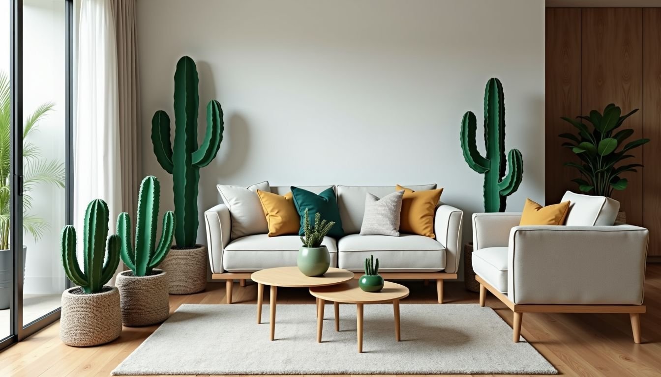 A modern Australian living room with stylish artificial cacti decor.