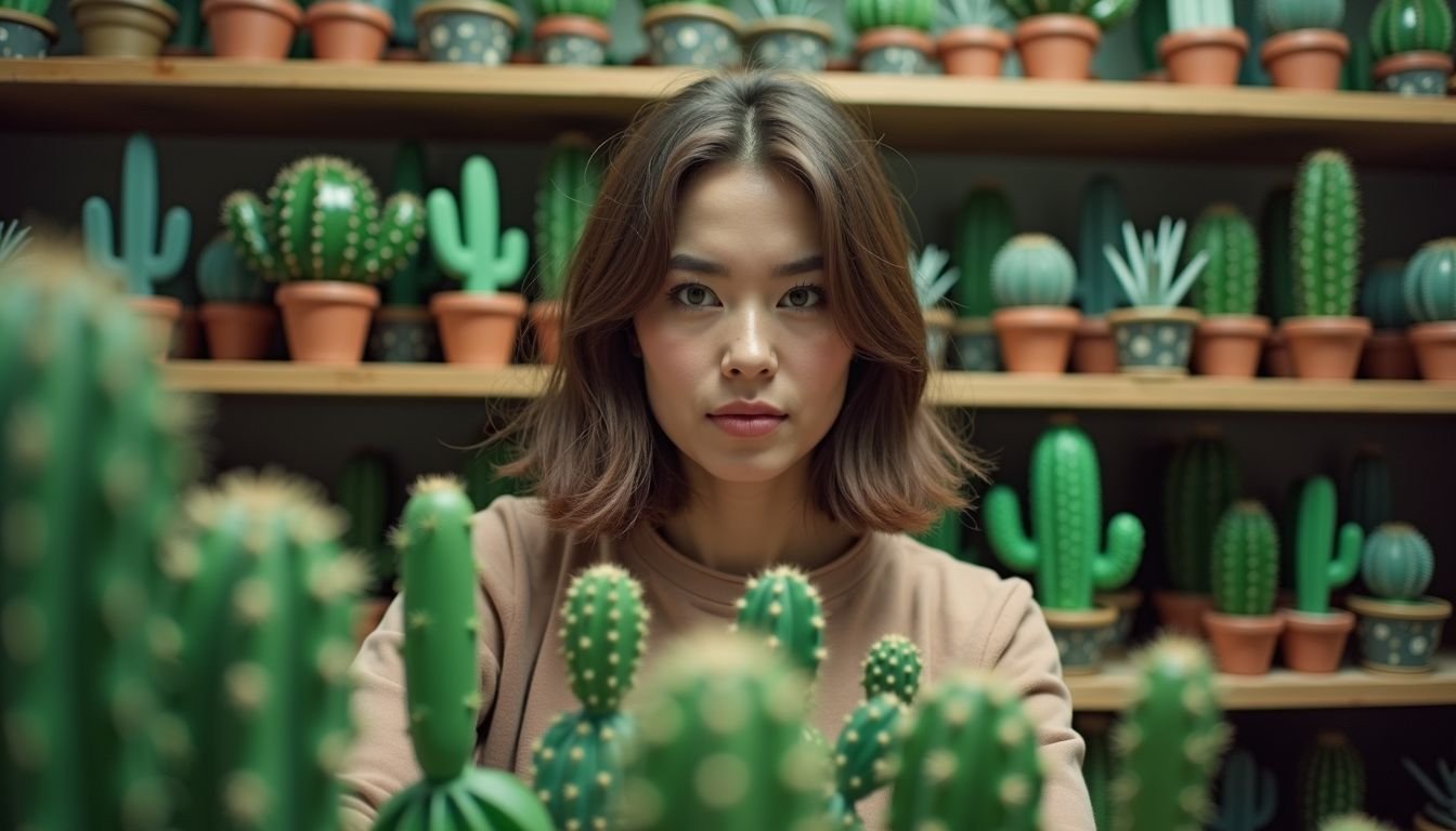 A woman in her 30s browsing artificial cactus plants in a store.