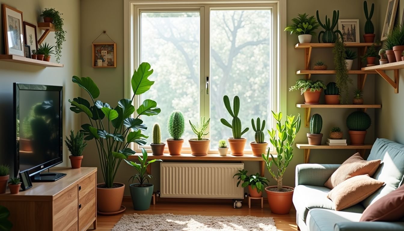 A cozy living room adorned with artificial cactus plants and natural light.