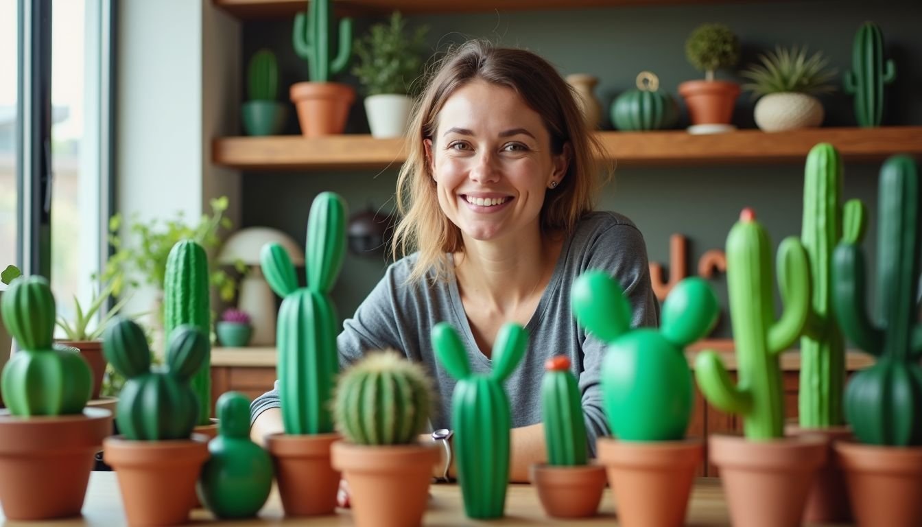 A woman arranging plastic cacti in her outback-inspired living room.