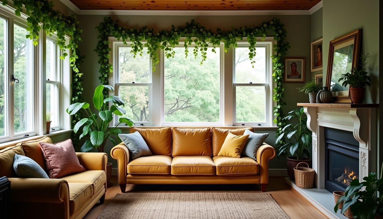 A cozy living room with fake vine decorations adding a lively touch.