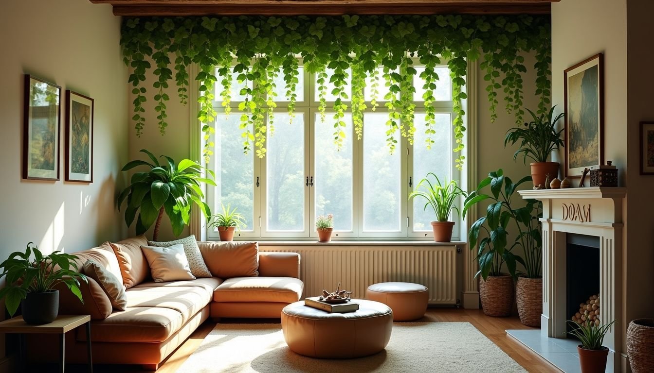 A cozy living room adorned with lush green vines.