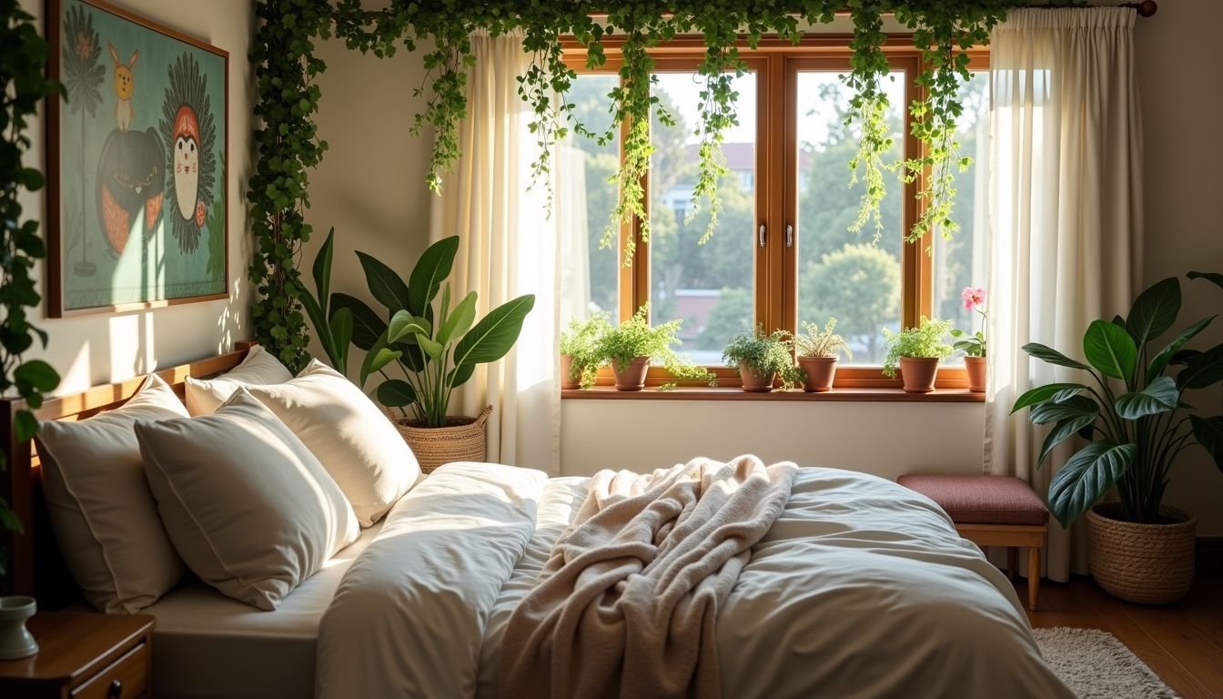 A cozy bedroom with artificial vines creates a calming atmosphere.