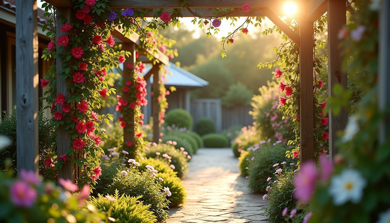 A rustic garden trellis adorned with artificial flower vines in vibrant colors.