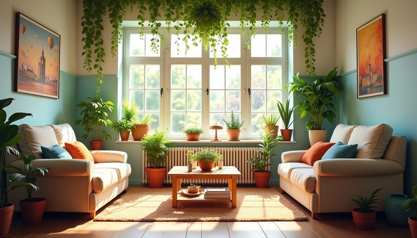 A cozy living room with fake vine plants creating a lush atmosphere.