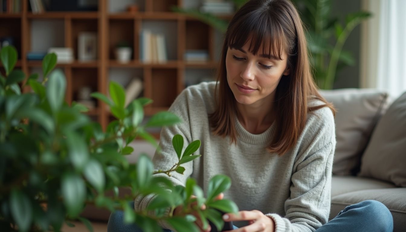 A woman in her 30s decorates her living room with fake vines.