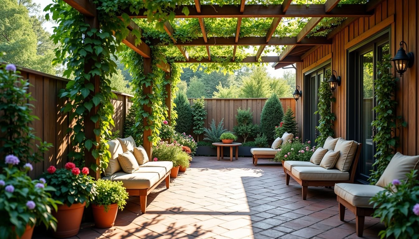 A backyard patio with fake vines, vibrant flowers, and a serene atmosphere.