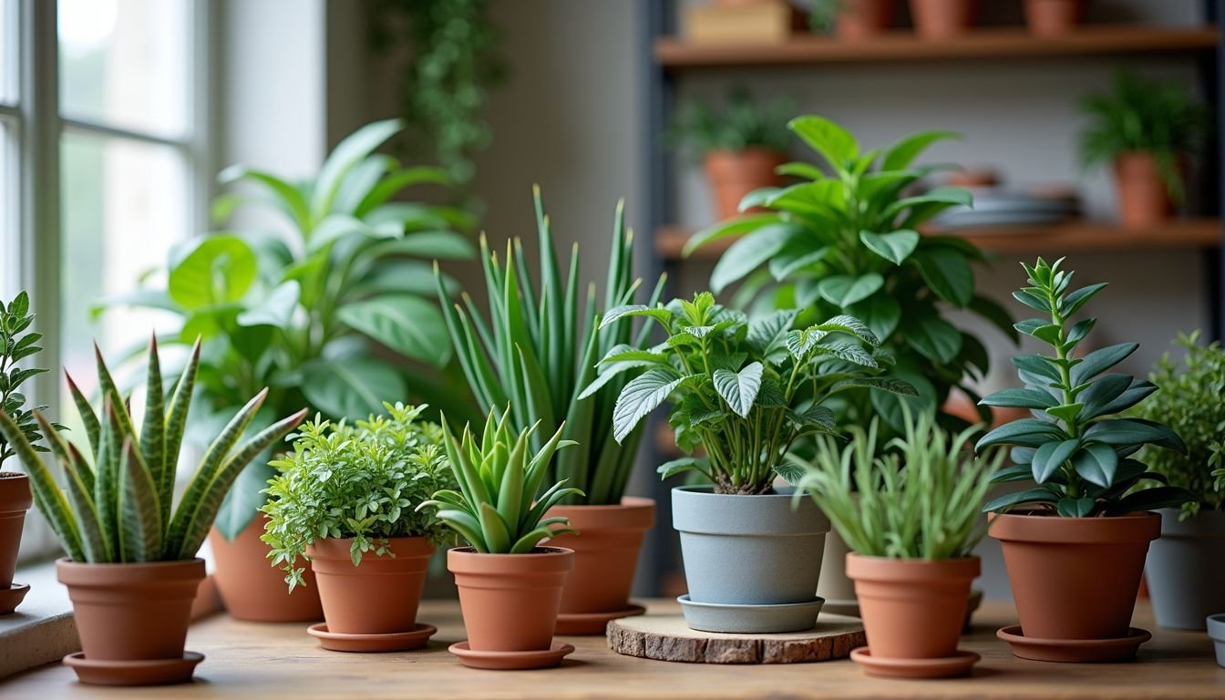 A variety of faux plants arranged in a cozy home setting.