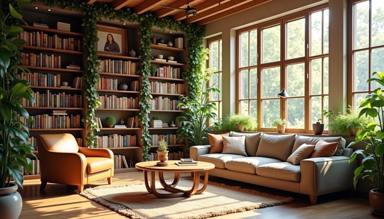 A cozy living room with a tall bookshelf and green ivy vines.