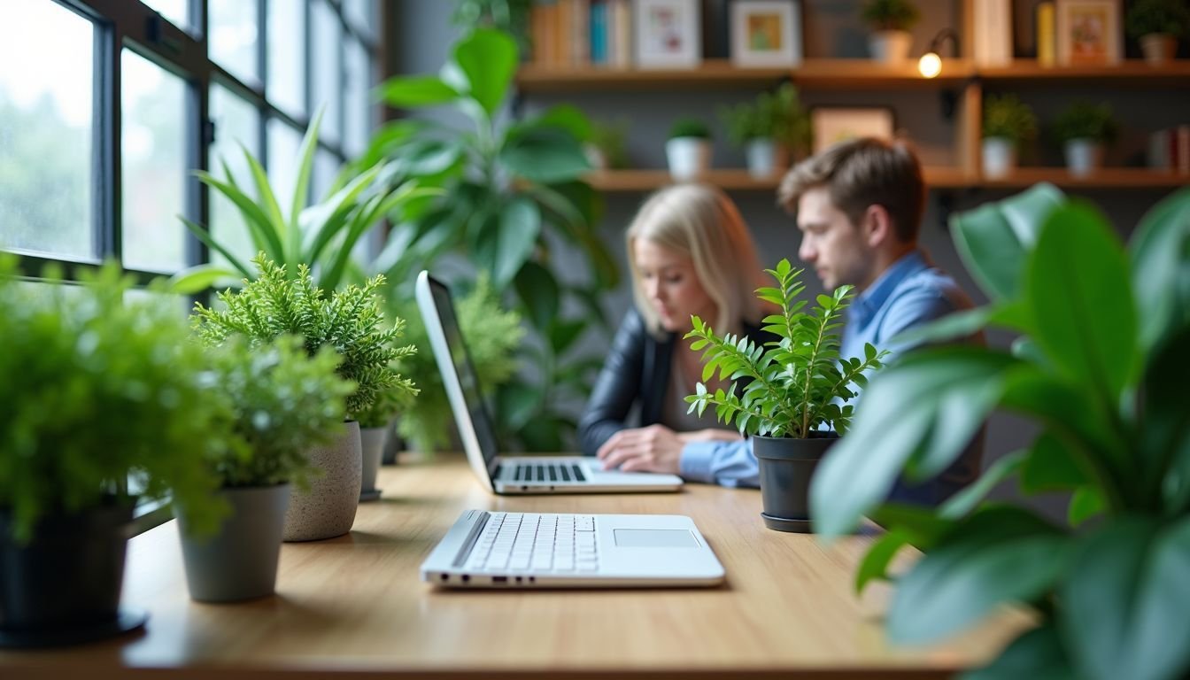 An office with artificial plants adding a fresh touch to the decor.