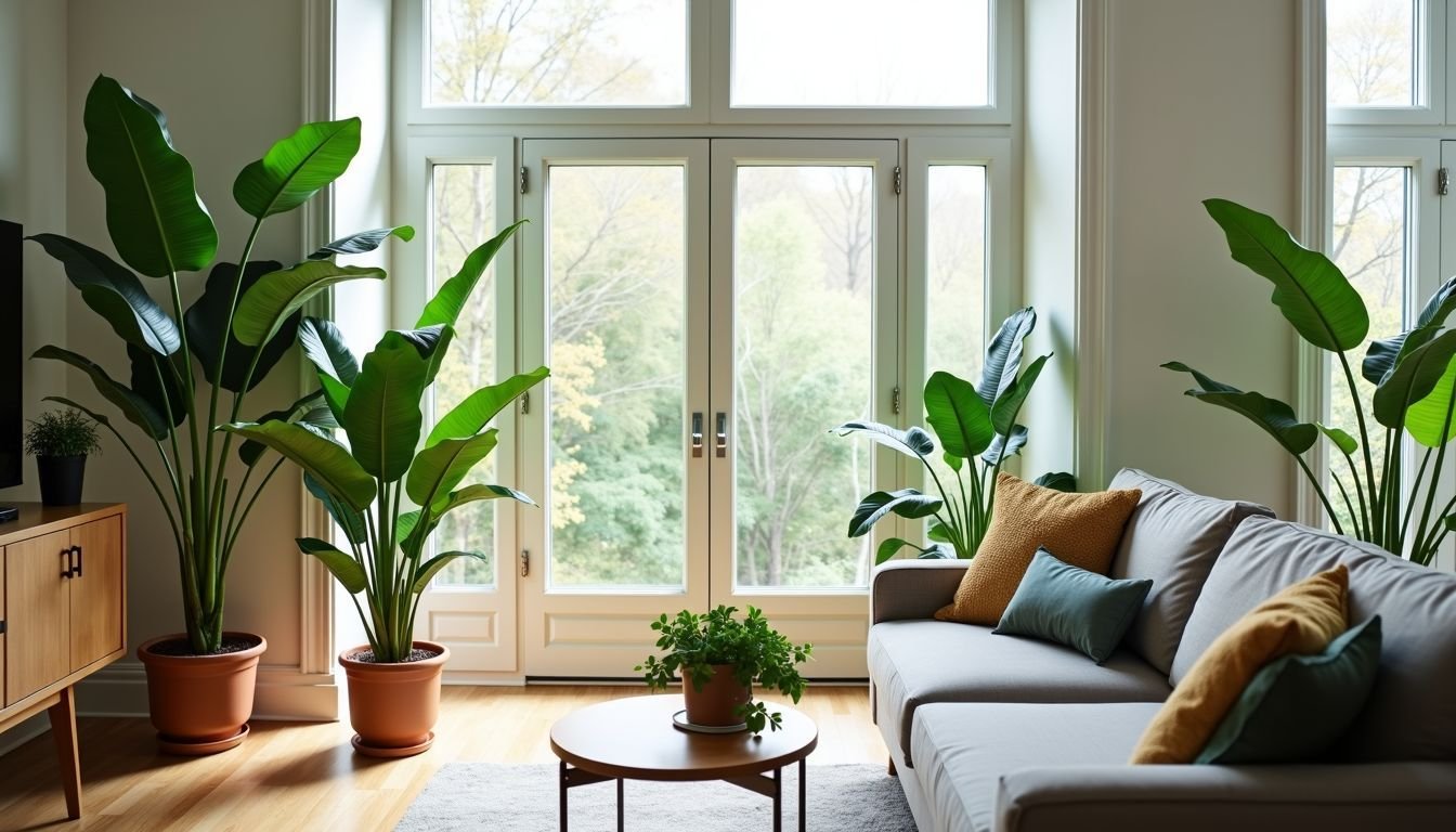 A bright living room with stylish faux plants creates a calming atmosphere.