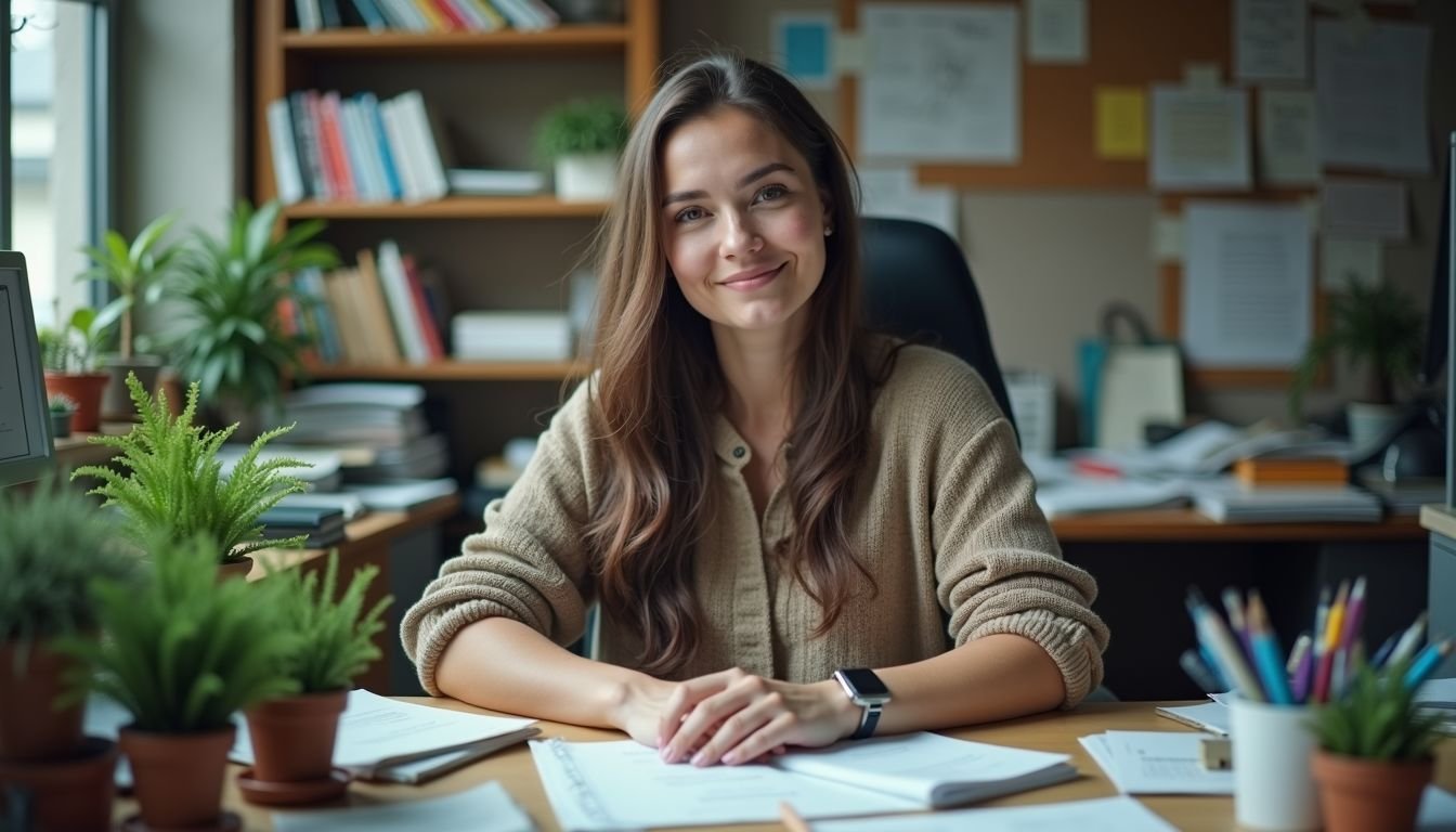 A woman in her 30s sits at a cluttered office desk.