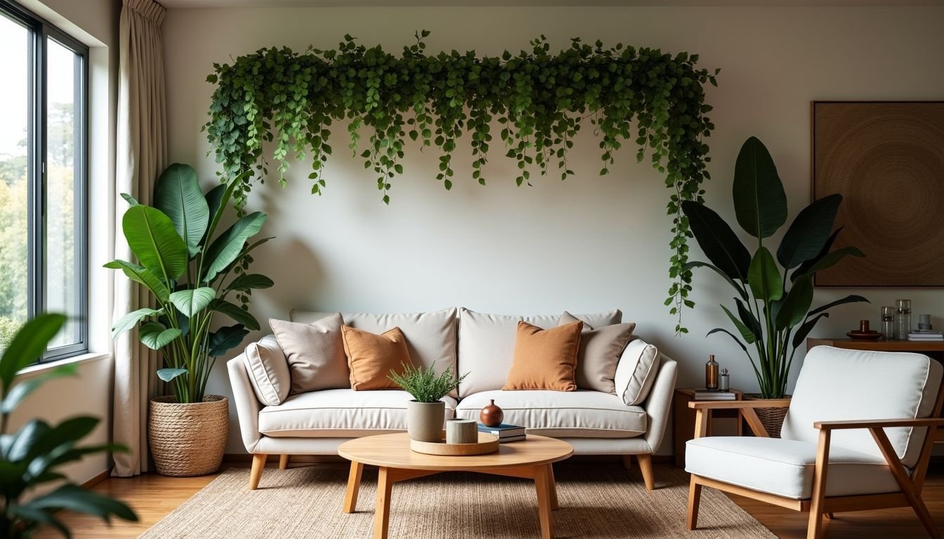 A cozy living room with realistic artificial vines creating a tropical feel.