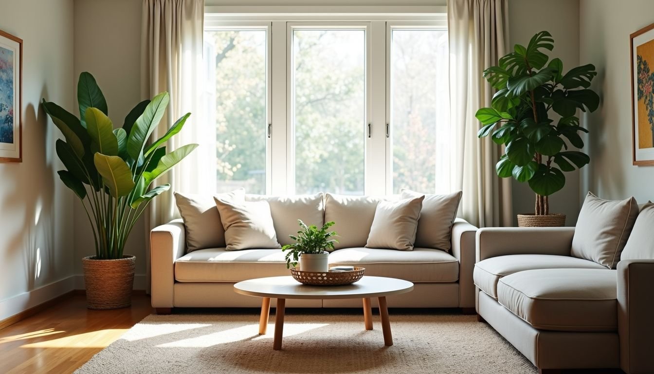 A cozy living room with artificial plants from Big W.