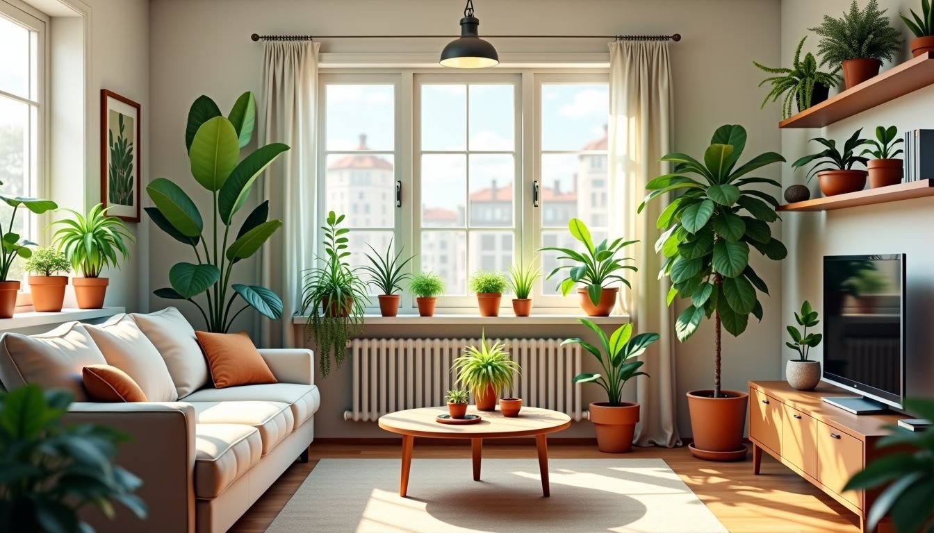 A cozy living room with lifelike faux potted plants creating a vibrant feel.