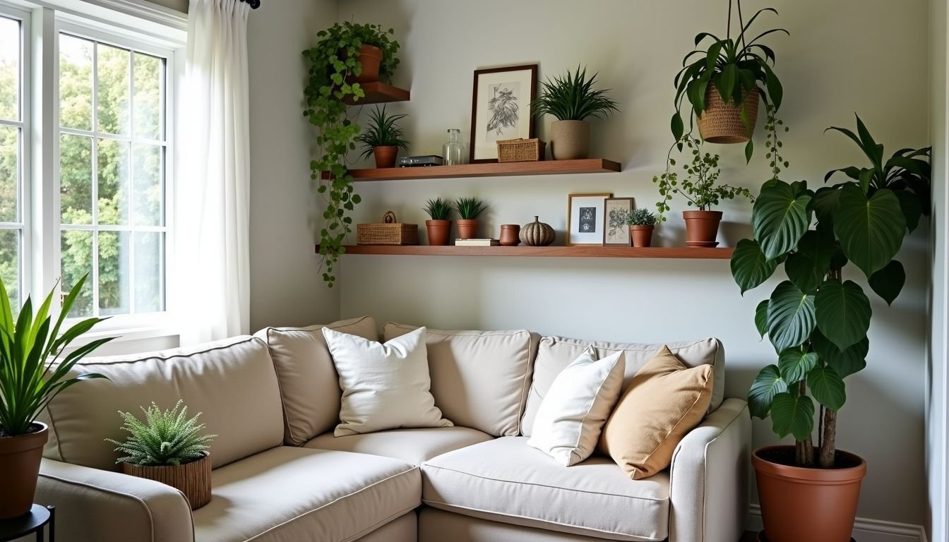 A cozy living room corner with faux plants from Pottery Barn.